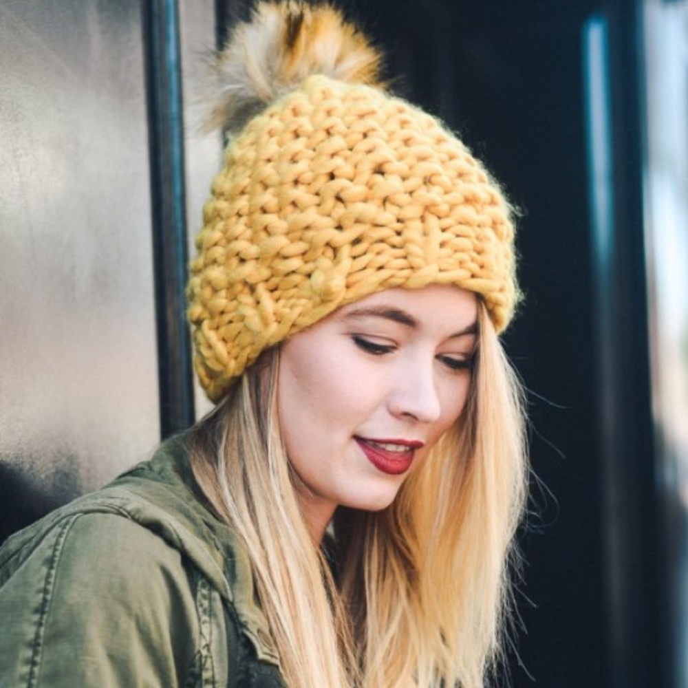 6 PACKS Mustard Pom Pom Beanies